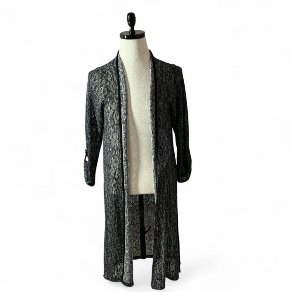 Lavanya Black Silver Lace Kimono Duster Cardigan 3/4‎ Sleeve Whimsigoth L